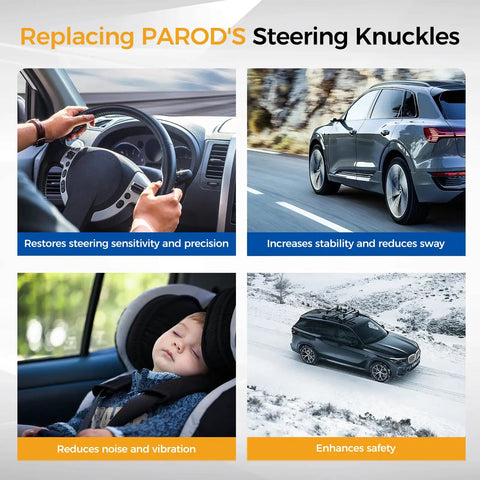 Collage showing benefits of replacing PAROD's steering knuckles with improved driving, safety, and reduced noise and vibration.