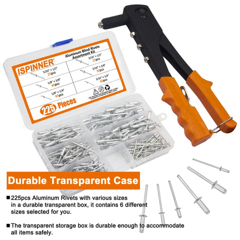 225 Piece Aluminum Blind Rivets Assortment Kit With Heavy Duty Hand Riveter Gun Tool 6 Sizes Pop Rivets For Metal Plastic And Auto Truck Repairs DIY Friendly Corrosion Resistant Aluminum Rivets And Steel Mandrel