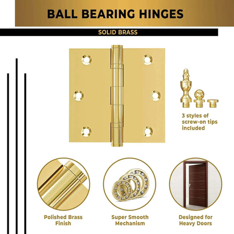 Beefy Heavy Duty Ball Bearing Solid Brass Door Hinges Set Of 24, 3.5 By 3.5 Inches, Non Lacquered Gold Finish With Decorative Tips