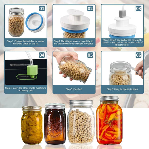 Upgraded Mason Jar Canning Sealer Kit with hoses for FoodSaver vacuum sealers, step-by-step guide for wide and regular mouth jars.