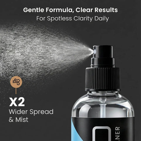 Close-up of Glasses Cleaning Spray Kit With Microfiber Cloths For Glasses And Screens 2 Pack, showing mist from spray bottle