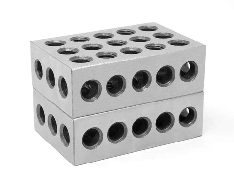 Two stacked Three By Two By One Inch Steel Hardened 123 Blocks Two Pack Pro Grade Featuring Five Cross Drilled 3/8-16 UNC Holes By WEN