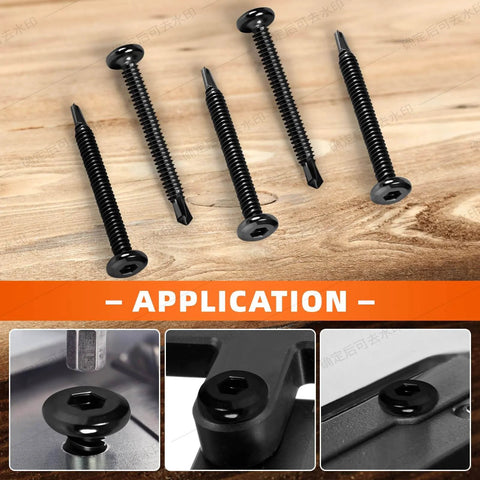 Size Twelve Hex Socket Self Tapping Screws Three Quarter Inch Stainless Steel 410 Sheet Metal Flat Head Black Oxide Finish Fifty Pack Built For Wood Metal And Other Tough Jobs displayed and installed in various materials.