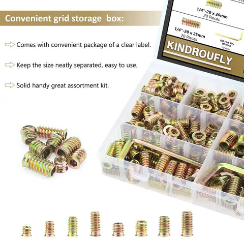 152 Piece Threaded Inserts Set For Wood, 1/4-20 And 5/16-18 Steel Nut Inserts in clear storage box.