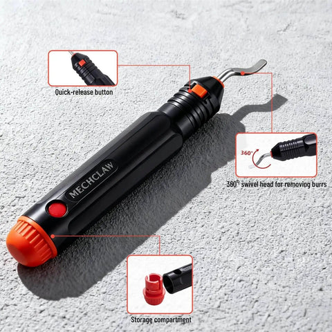 Deburring tool with a black handle, orange accents, and a 360° swivel head for removing burrs, shown with quick-release button and storage compartment.