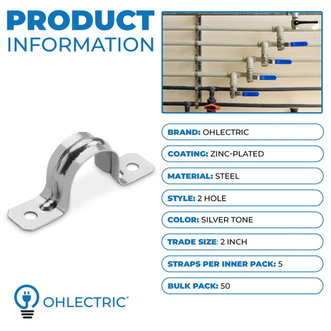 OhLectric pipe strap, zinc-plated steel 2-hole U-bracket for 2-inch EMT conduits