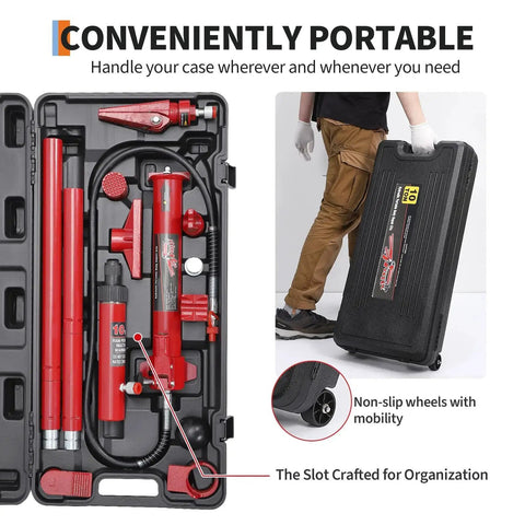 10 Ton Hydraulic Porta Power Kit With Wheeled Case Ram Pump Hose For Automotive shown in open case with tools