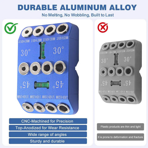Blue Angle Drill Guide Jig Kit with Fixed 30, 45, 90 Degree Angles made from durable aluminum for cable railing deck installation.