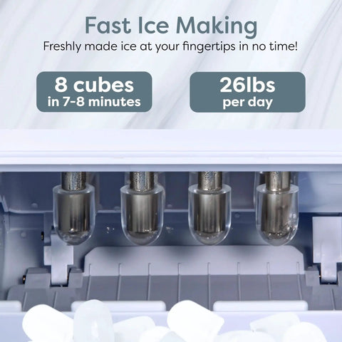 Compact Countertop Ice Maker 26 Lbs Per Day Fast Ice Includes Scoop And Basket displaying ice-making capacity
