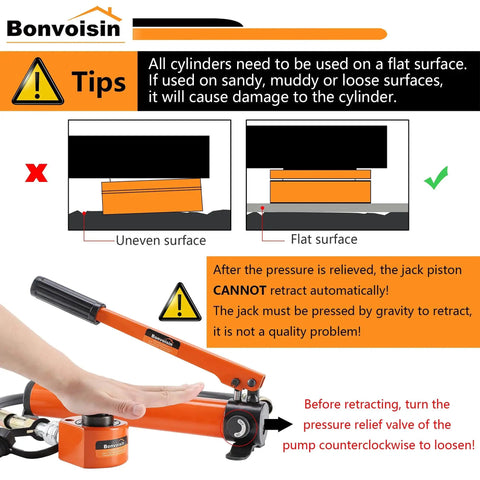 Usage instructions for 10 Ton Portable Low Profile Hydraulic Cylinder Jack Multi Section 1 Inch Stroke with safety tips.