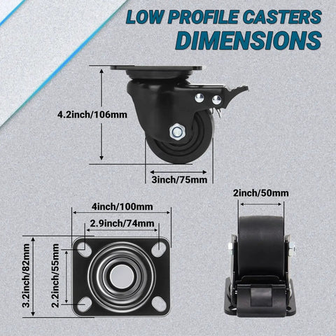 Humagineer 4-pack plate-swivel casters with brakes; low-profile, black nylon wheels, 4400 lb capacity.