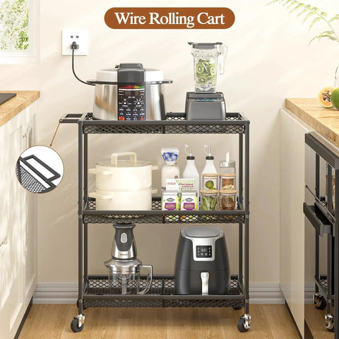 Three Tier Rolling Utility Kitchen Cart with heavy duty metal construction and wire shelves on wheels, versatile for kitchen storage.