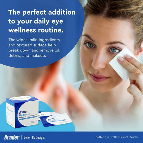 Woman using Rinse-Free Eyelid Cleansing Wipes For Oil Debris And Makeup Removal with product box visible