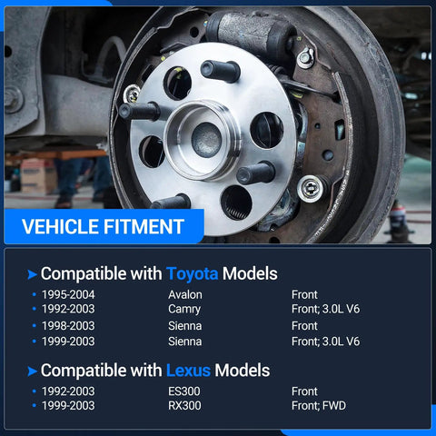 Front Wheel Bearing And Hub Assembly For Toyota Camry 1992 2003 Sienna 1998 2003 Avalon 1995 2004 Solara 1999 2003 Lexus Es300 1992 2003 RX300 1999 2003 Non ABS 5 Lugs Front Left And Front Right installed view