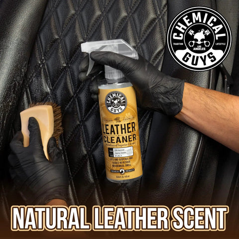 Leather Cleaner For Cars And Home Use With Colorless Odorless Formula PH Balanced Safe On Natural Synthetic Pleather And Faux Leather 473 Ml By Chemical Guys Today with brush on car seat.