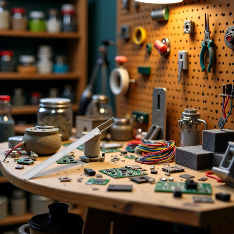 Adjustable temperature electric soldering iron heater on a cluttered electronics workbench with boards and wires