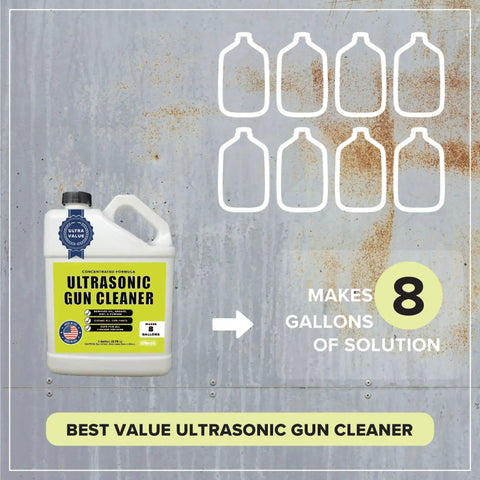 Front view of white plastic Ultrasonic Gun Cleaner bottle with yellow label; eight-gallon graphic shows 8 gallons.