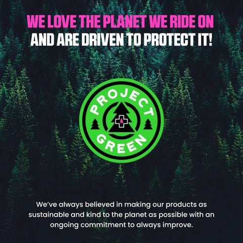 Project Green logo on forest backdrop; circular green emblem with trees and sustainability message