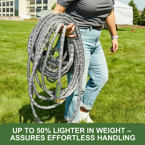 Gray garden hose coiled in hand outdoors on a grassy lawn