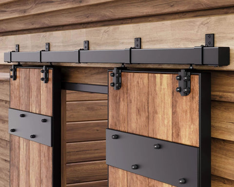10 Foot Exterior Sliding Barn Door Hardware Kit Box Rail Track 450 Pound Capacity Black Weather Resistant Steel Wall Mount System For Outdoor Use Fits Double 30 Inch Doors installed