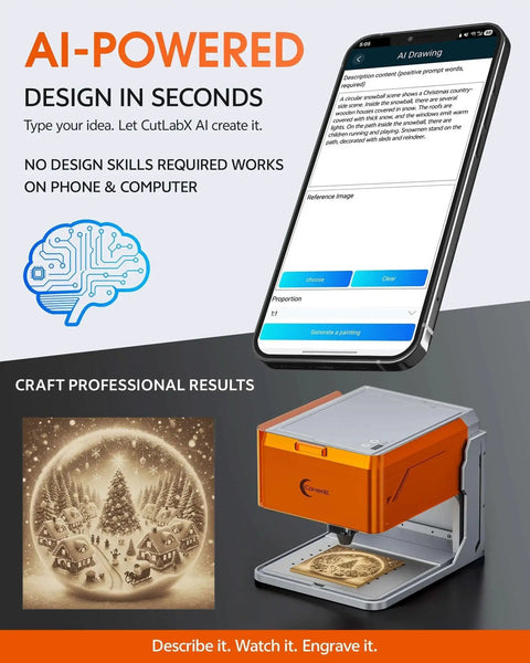 Made For Makers Compact 10W Laser Engraver With Built In Camera showcasing AI-powered design features with phone app and wood engraving