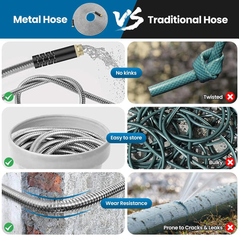 Amazon Garden Hose 100ft metal hose with 10-function nozzle and leak-proof connectors; kink-free and rust-resistant.