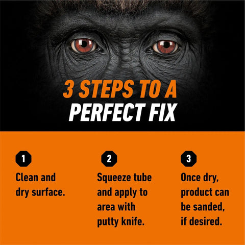 Image showing '3 Steps to a Perfect Fix' for All Purpose Wood Filler Natural Color 6 Ounce Tube, detailing application and sanding process.