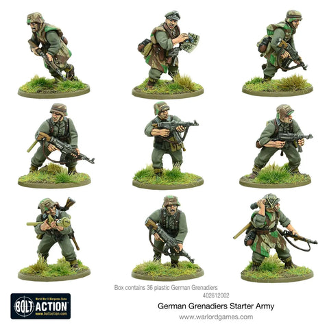 Bolt Action German Grenadiers 1:56 Scale Miniatures Set displayed in formation, featuring unpainted WWII soldiers for tabletop war gaming.