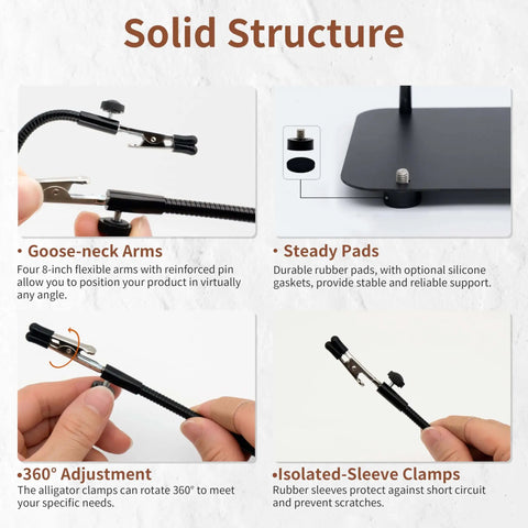 Upgraded Helping Hands Soldering Station with Four Flexible Arms demonstrating goose-neck adjustment and isolated sleeve clamps