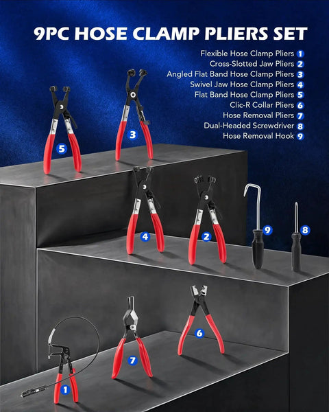 9-piece set of Long Reach Hose Clamp Pliers For Automotive Radiator Hoses And Band Clamps displayed on a black shelf