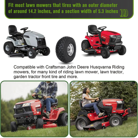 15X6.00-6 Lawn Mower Tire With Wheel Front Tire For Riding Mowers with two riding lawn tractors and tire on white