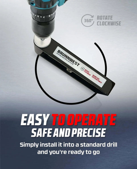 Adjustable Sheet Metal Circle Cutter For Two To Twelve Inch Holes In 24 Gauge Steel 26 Gauge Stainless And 20 Gauge Galvanized Metal With Four Extra HSS Bits Pro Grade Ductwork And HVAC Hole Cutter That Fits Any Standard Drill shown with a drill.