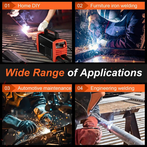 Four images showing 200 Amp Stick Welder 110V Portable Inverter With Synergic Control in various welding applications.