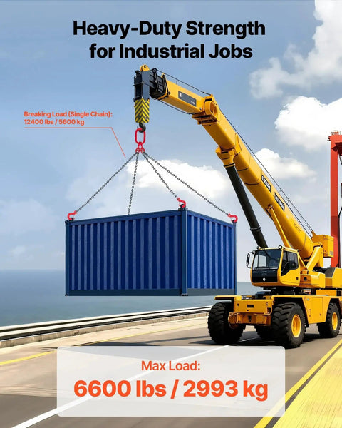 Front view: chain sling with four-leg grab hooks lifting a blue shipping container by a yellow crane