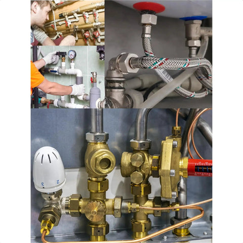 Plumbing installation with brass reducing coupling, showing leakage-proof NPT reducers in various pipe systems for home renovations.