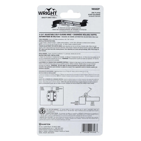 Back packaging of Adjustable Self-Closing Door Hinges for Storm and Screen Doors 2-3/4 Inch Zinc Plated V650ZP by Wright Products