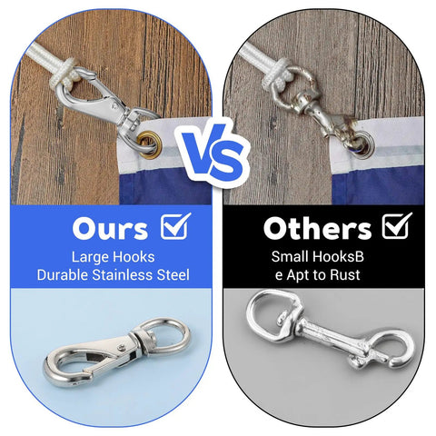 3.5-inch stainless steel swivel snap hook on rope with flag; left shows larger rust-resistant hook, right shows smaller rust-prone hook.