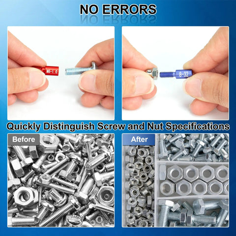 44 Piece Nut And Bolt Thread Checker Set Pro Grade Standard And Metric Thread Gauge Kit With 23 Inch And 21 Metric Sizes For Detecting Fixed Bolts Or Threaded Holes In Enclosed Areas By Hylissus in use, showing different screws and nuts.