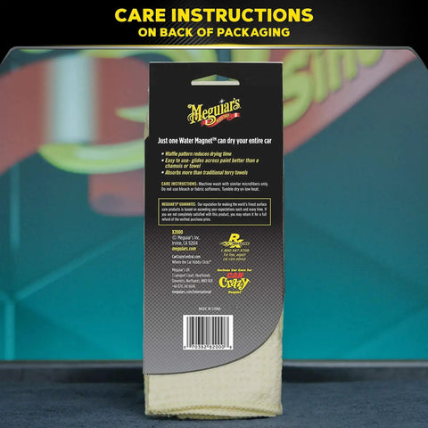 Back view of packaging for Water Magnet Microfiber Car Drying Towel Ultra Plush And Highly Absorbent Scratch Free Big Microfiber