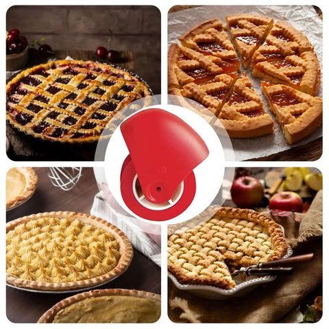 Multi Purpose Pie Crust Cutter Wheel For Lattice Tops And Crusts Ergonomic Pastry Wheel For Cutting Dough Creating Twists And Noodles Perfect For Home Kitchens And Professional Kitchens Lattice Pie Top Cutter And Crust Making Tool displayed with four baked pies showing different lattice and crust designs