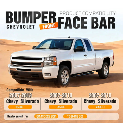 Front Bumper Impact Face Bar Chrome Steel For Chevy Silverado 2007-2013 installed on white pickup truck