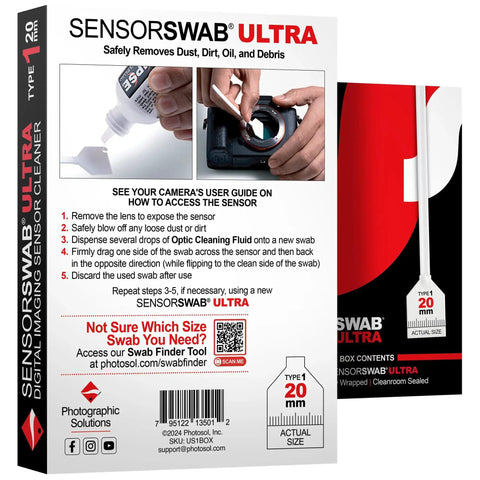 Box of Sensor Swab Ultra 20mm Type 1 with instructions for digital camera sensors cleaning dust and oil.