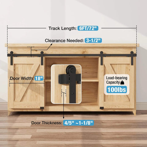 Compact 6 Foot Sliding Barn Door Hardware Kit For Double Doors And Small Cabinets with smooth glide track on cabinet
