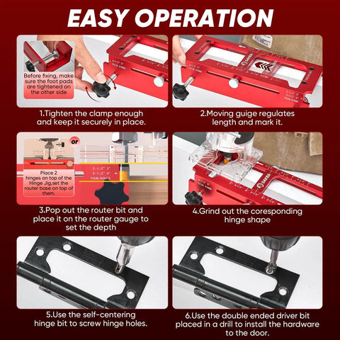 Pro Grade Aluminum Door Hinge Jig For Router Work That Feels Pro Level, Adjustable Door Jamb Template Fits Hinges From Two Point Five To Five Inches, Radius Options One Quarter Inch Or Five Eighths Inch, Heavy Duty DIY Friendly in use with step-by-step instructions