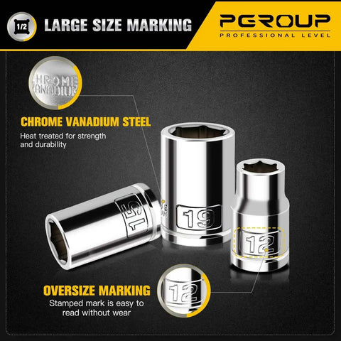 10 Piece 1/2 Inch Drive Shallow Socket Set Metric 10mm Through 19mm, 6 Point Cr-V Steel, Chrome Plated with large size marking
