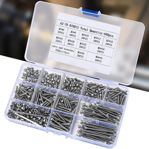 M3 Stainless Steel Screw And Nut Assortment Kit 440 Pcs Hex Socket Head Cap Screws Nuts Bolts in organized clear box