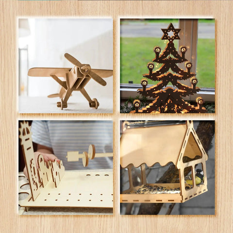 DIY models including a wooden aircraft, Christmas tree, architectural structure, and a small house made from 36 Pack Basswood Sheets 3mm Thick Unfinished Wood Boards For Laser Cutting And DIY Crafts 16x16 Inch Plywood Sheets Great For Model Making Mockups And Creative Projects.