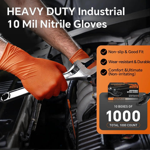 Person wearing Nitrile Disposable Gloves Diamond Textured 10mil Heavy Duty XL Mechanic Gloves working on engine with wrench