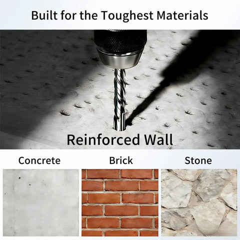 7pc SDS Plus Masonry Drill Bit Set With 4 Cutter Cross Tip And Double Thread For Fast Concrete Drilling on reinforced wall