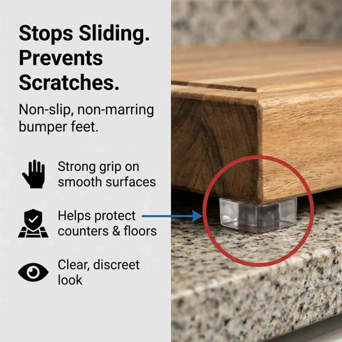 Clear Tall Square Self Adhesive Rubber Feet Pads 0.78 Inch Wide By 0.38 Inch High installed under wooden furniture on countertop